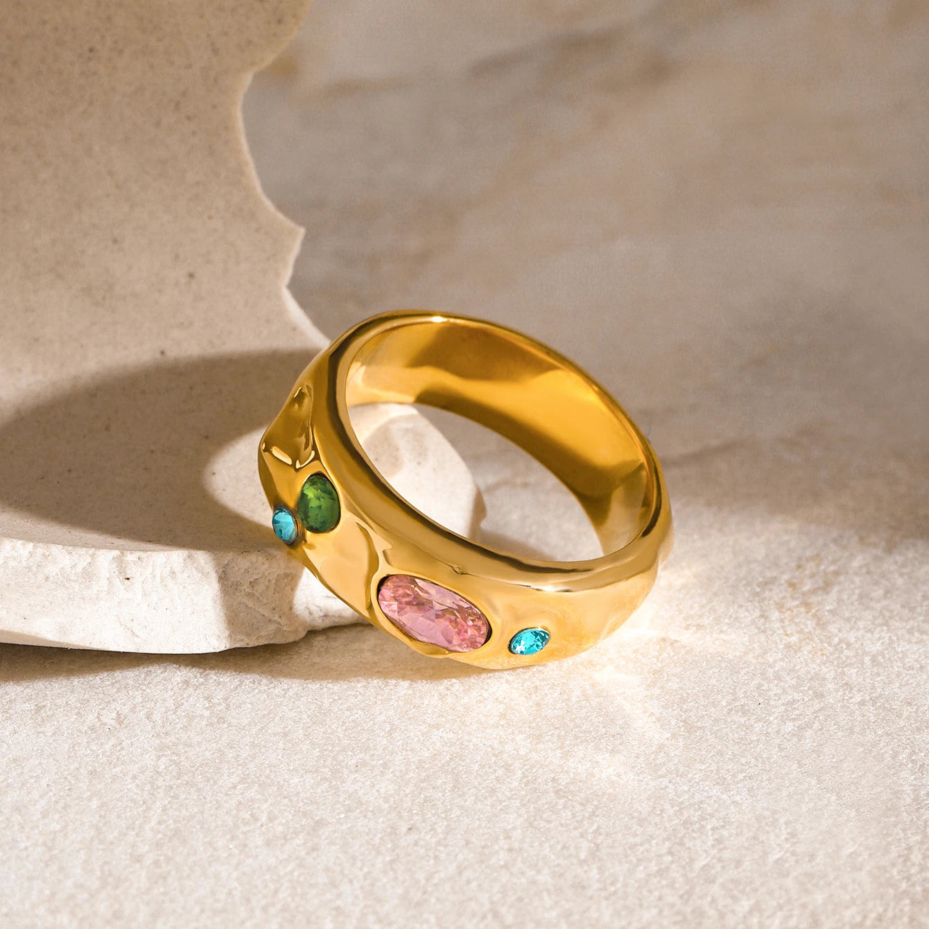 18K Gold Plated Wide Band Gemstone Ring – Waterproof, Tarnish-Free Statement Jewellery (Gold & Silver)