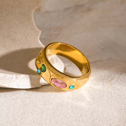 18K Gold Plated Wide Band Gemstone Ring – Waterproof, Tarnish-Free Statement Jewellery (Gold & Silver)