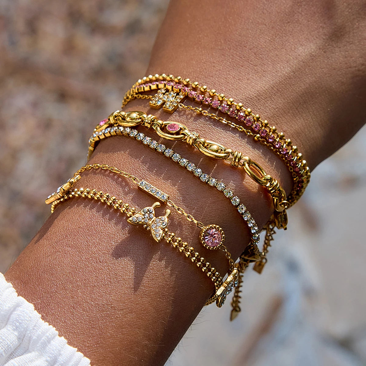 Gold Butterfly Crystal Bracelet for Women | Pink Stone Gold Plated Jewellery