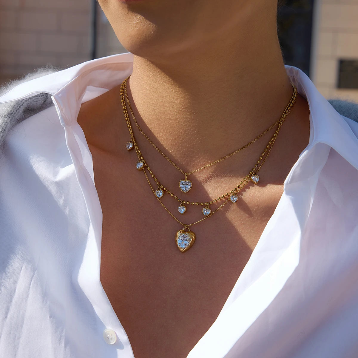 18K vergulde Puffy Heart CZ Hanger Ketting | Waterdichte Ovale Kristallen Hart bedel Ketting met balletjes | Subtiele Romantische Gouden Ketting