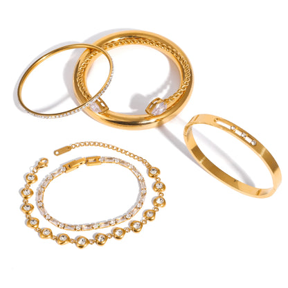 18K Gold Plated Bracelet Stack | Waterproof Bangle & Chain Bracelet Collection | CZ Crystal Gold Wrist Stack Gift Set