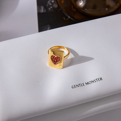 18K Gold Plated Red Crystal Heart Signet Ring | Waterproof Statement Ring | Playing Card Ace of Hearts Ring