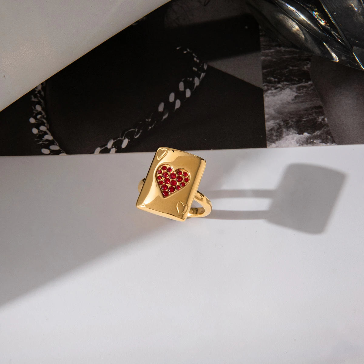 18K Gold Plated Red Crystal Heart Signet Ring | Waterproof Statement Ring | Playing Card Ace of Hearts Ring