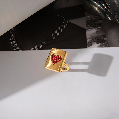 18K Gold Plated Red Crystal Heart Signet Ring | Waterproof Statement Ring | Playing Card Ace of Hearts Ring