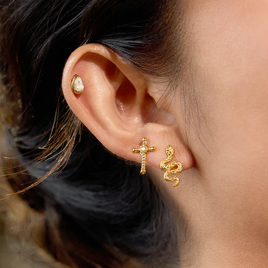3 paar/set oorstekers met waterdruppel, slang en kruis voor dames 18K verguld roestvrijstalen oorbellen mode sieraden