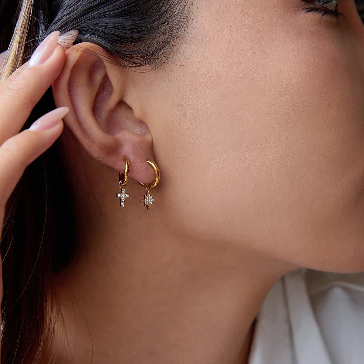 Cherry, Cross & Star Charm Huggie Hoop Earrings for Women – Gold Plated Waterproof Tarnish Free Stainless Steel Jewellery