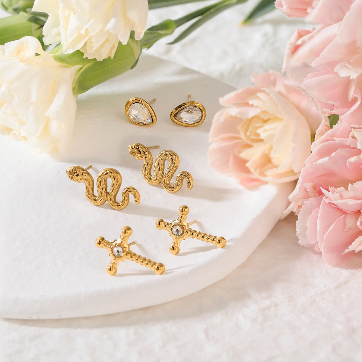 3 Pairs/Set Water Drop Snake Cross Stud Earrings For Women 18K Gold Plated Stainless Steel Earrings Fashion Jewelry
