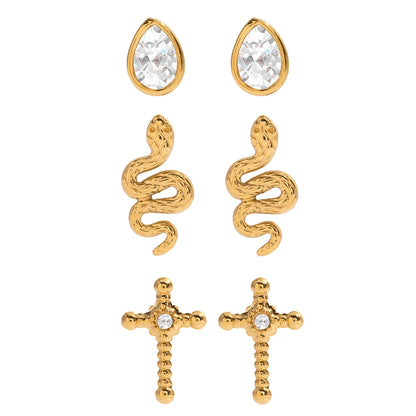 3 Pairs/Set Water Drop Snake Cross Stud Earrings For Women 18K Gold Plated Stainless Steel Earrings Fashion Jewelry