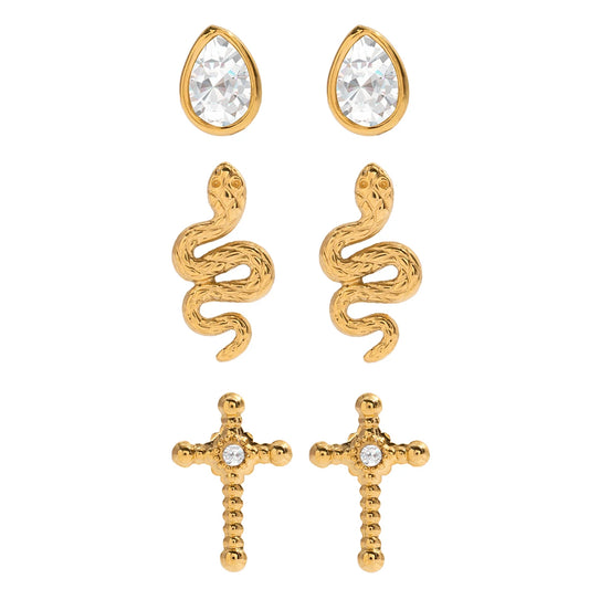 3 paar/set oorstekers met waterdruppel, slang en kruis voor dames 18K verguld roestvrijstalen oorbellen mode sieraden