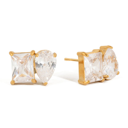 18K Gold Plated Double Stone CZ Stud Earrings | Waterproof Pear & Princess Cut Crystal Earrings | Diamond Style Toi et Moi Stud Earrings