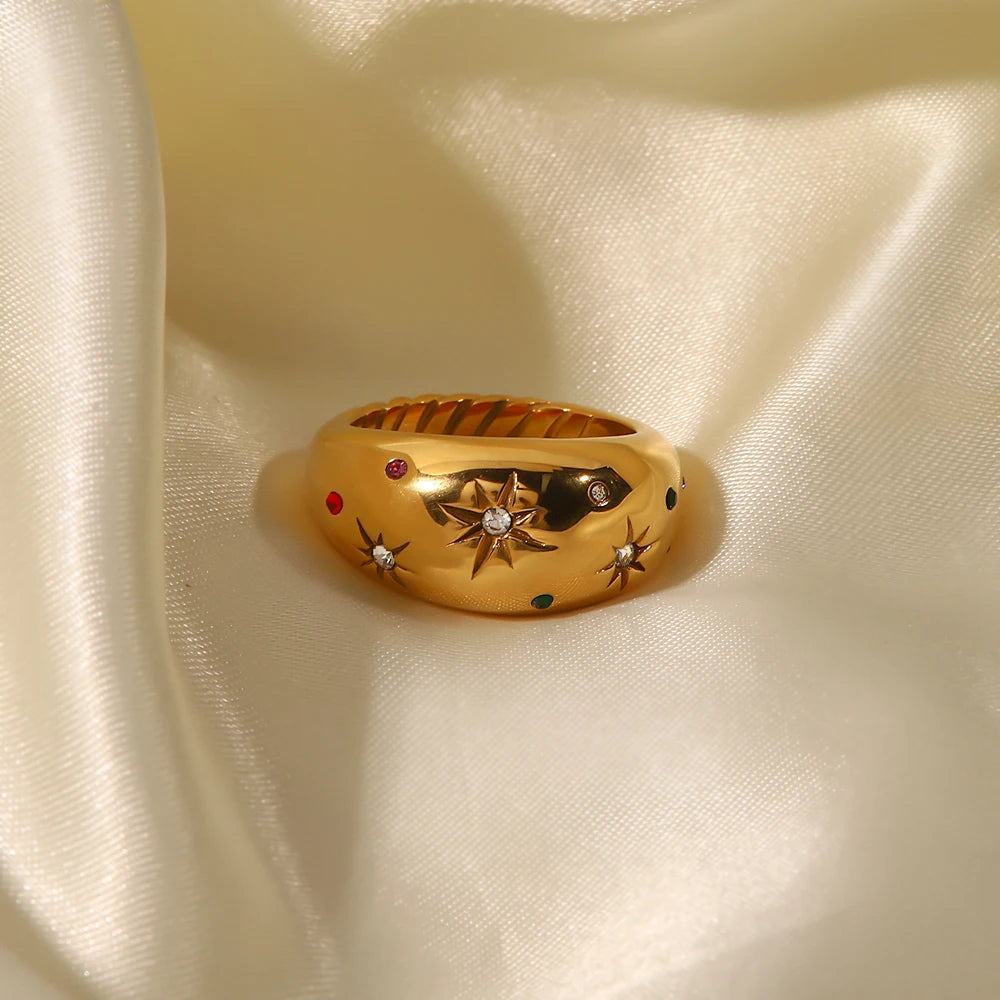 18K Gold Plated Celestial Star Dome Ring | Multicolour Crystal Starburst Ring | Waterproof Chunky Gold Band