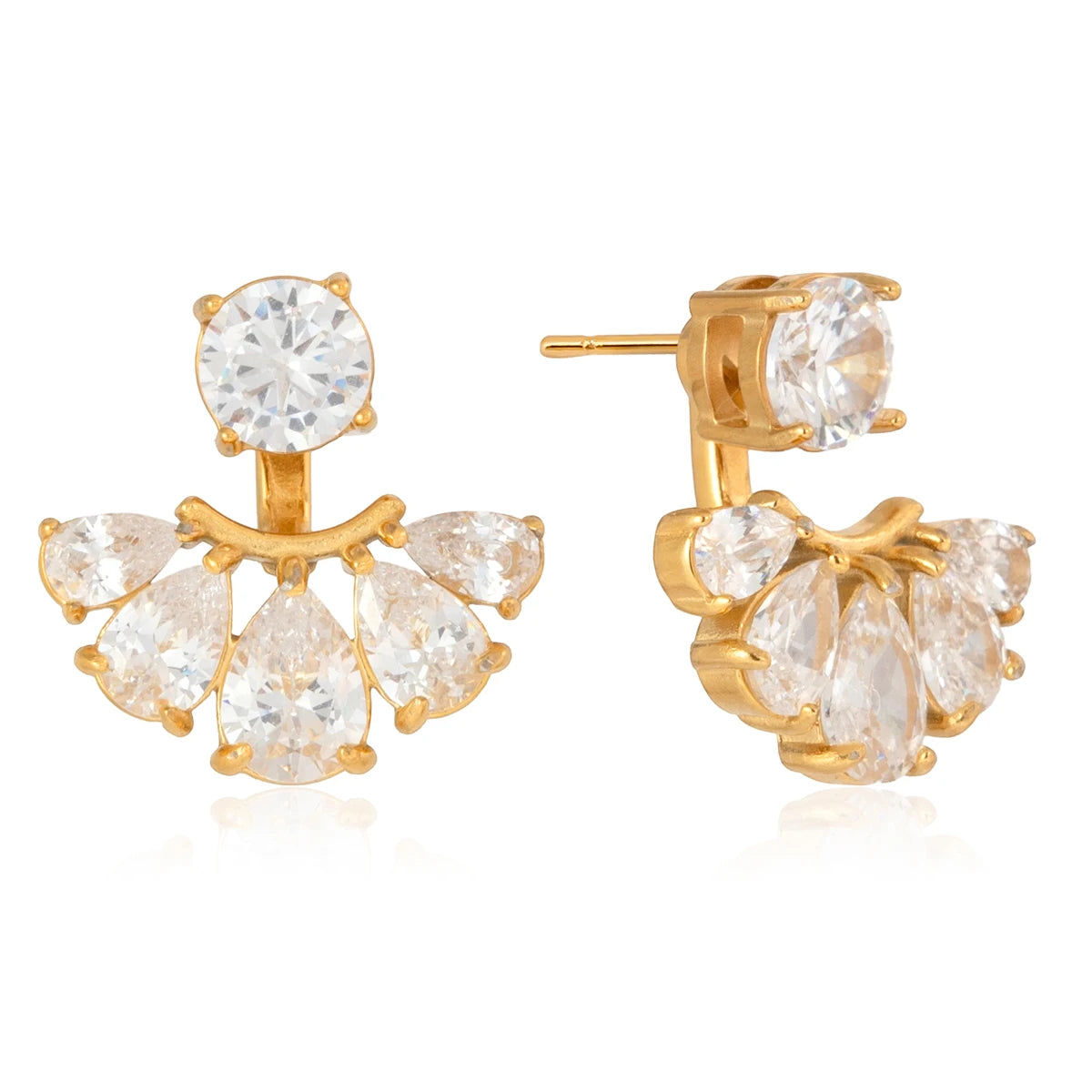 18K Vergulde CZ Ear Jacket Oorbellen | Waterdichte Ronde Stud met Peergeslepen Waaier Drop Jacket | Diamant Stijl Bruidsoorbellen