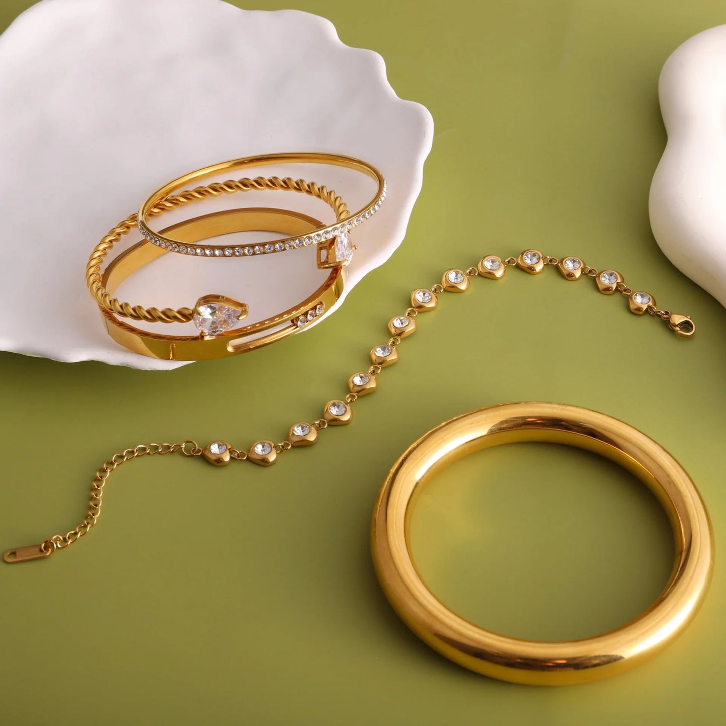 18K Gold Plated Bracelet Stack | Waterproof Bangle & Chain Bracelet Collection | CZ Crystal Gold Wrist Stack Gift Set