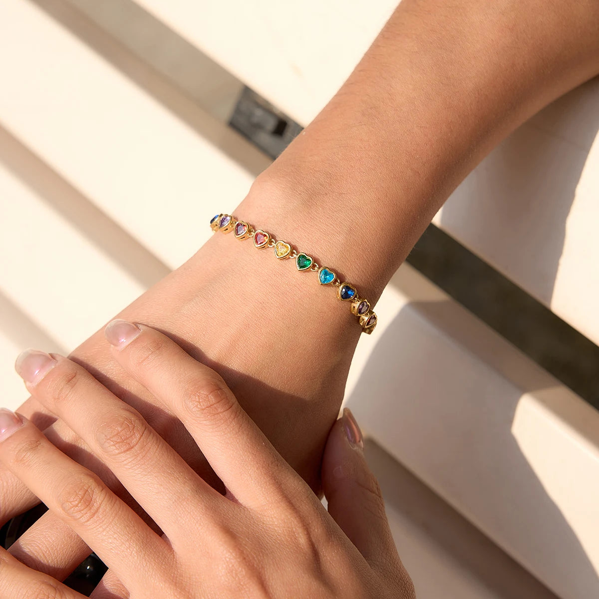 18K Gold Plated Rainbow Multicolour Crystal Tennis Bracelet | Waterproof Bezel Set Colourful CZ Bracelet | Available in Round & Heart Cut Stones