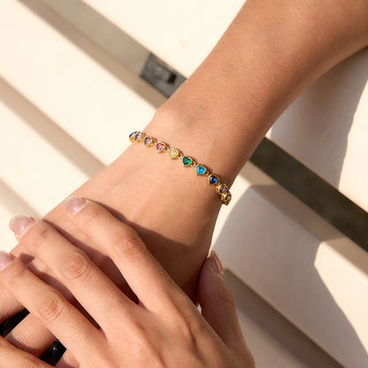 18K Gold Plated Rainbow Multicolour Crystal Tennis Bracelet | Waterproof Bezel Set Colourful CZ Bracelet | Available in Round & Heart Cut Stones