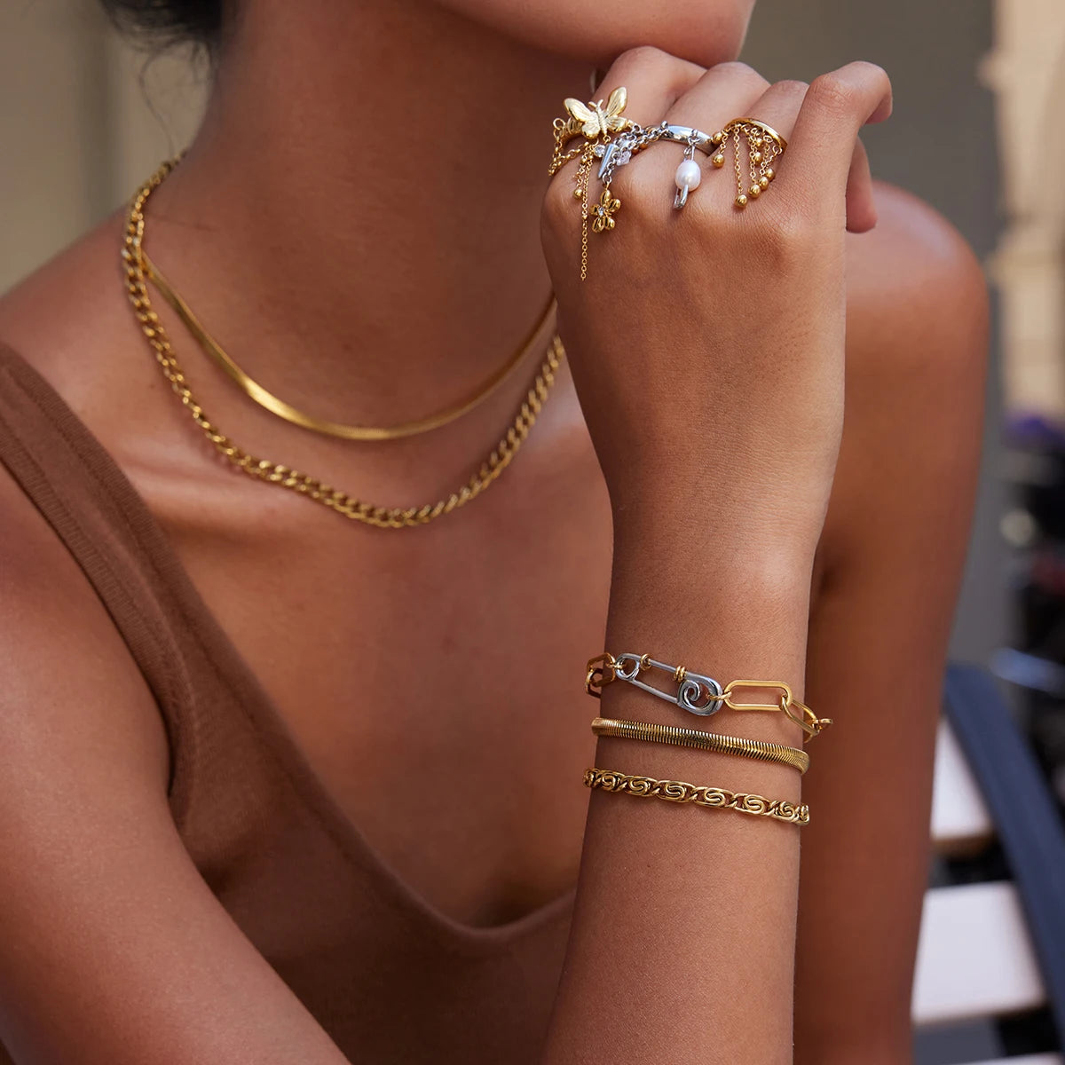 Chic & Trendy Dangle Charm Ring Set - Stackable Gold and Silver Stainless Steel
