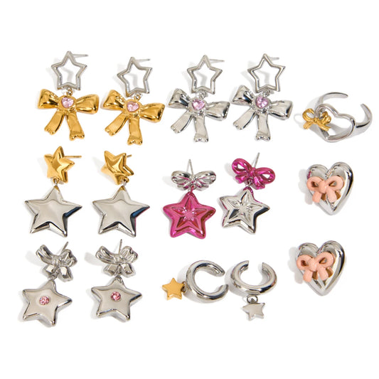 18K Gold Plated Star & Bow Earrings Set for Women – Waterproof Tarnish Free Stainless Steel Jewellery (Multiple Design Variants)