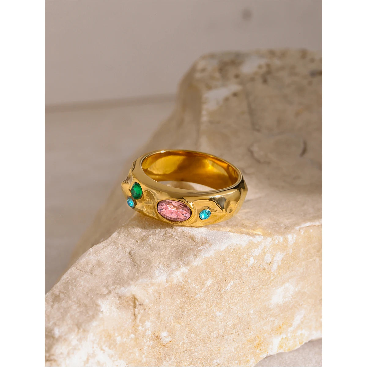 18K Gold Plated Wide Band Gemstone Ring – Waterproof, Tarnish-Free Statement Jewellery (Gold & Silver)