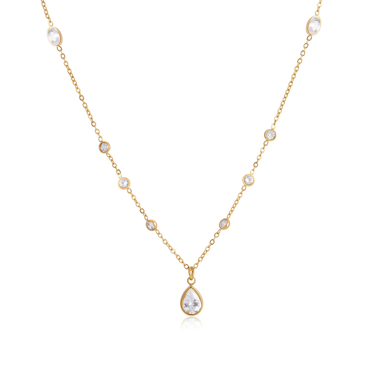 18K vergulde Multi-Station Zirkonia Ketting met Druppelvormige Hanger | Waterdichte Diamonds by the Yard Stijl Ketting | Fijne Gouden Kristallen Ketting