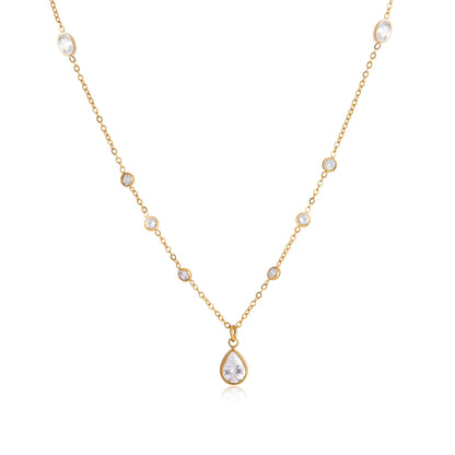 18K vergulde Multi-Station Zirkonia Ketting met Druppelvormige Hanger | Waterdichte Diamonds by the Yard Stijl Ketting | Fijne Gouden Kristallen Ketting