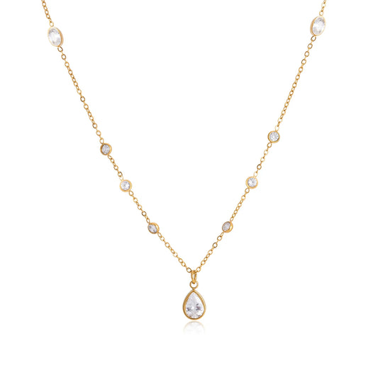 18K vergulde Multi-Station Zirkonia Ketting met Druppelvormige Hanger | Waterdichte Diamonds by the Yard Stijl Ketting | Fijne Gouden Kristallen Ketting