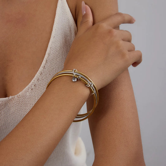 Two-Tone Gold & Silver Bangle Bracelet for Women | Waterproof Minimalist Jewellery