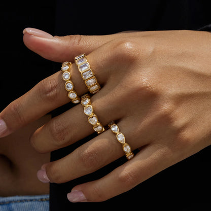 Luxury Gold Stacked Ring Set – Multi-Shape Crystal Bands (Heart, Round, Teardrop, Baguette)