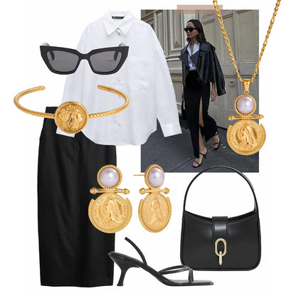 18K Gold-Plated Vintage Coin Necklace, Earrings & Bracelet Set | Elegant Coin Jewelry Set