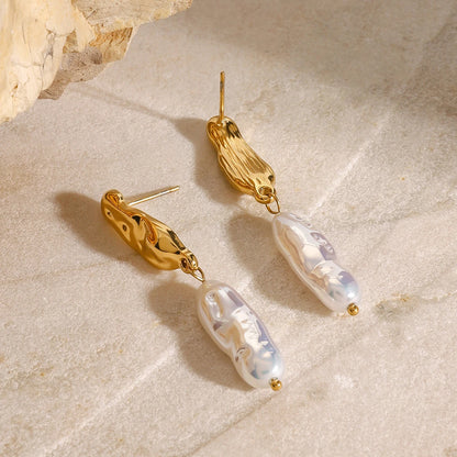 18K Gold Plated Hammered Pearl Drop Earrings for Women – Waterproof Tarnish Free Statement Jewellery