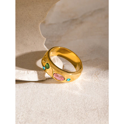 18K Gold Plated Wide Band Gemstone Ring – Waterproof, Tarnish-Free Statement Jewellery (Gold & Silver)