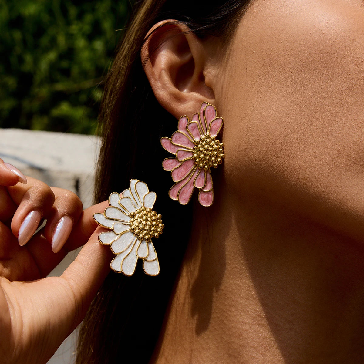 18K Gold Plated Floral Stud Earrings Set for Women – Waterproof Tarnish Free Stainless Steel Jewellery (Pink & White Variants)