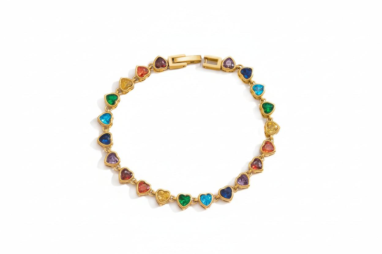 18K Gold Plated Rainbow Multicolour Crystal Tennis Bracelet | Waterproof Bezel Set Colourful CZ Bracelet | Available in Round & Heart Cut Stones