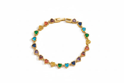 18K Gold Plated Rainbow Multicolour Crystal Tennis Bracelet | Waterproof Bezel Set Colourful CZ Bracelet | Available in Round & Heart Cut Stones