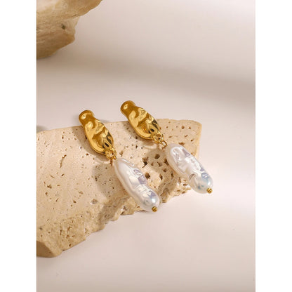18K Gold Plated Hammered Pearl Drop Earrings for Women – Waterproof Tarnish Free Statement Jewellery