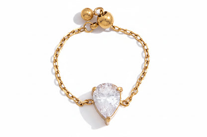 18K Gold Plated Adjustable Chain Ring with CZ Stone | Waterproof Dainty Gold Chain Ring | 6 Styles — Round, Heart, Square, Oval, Teardrop & Flower