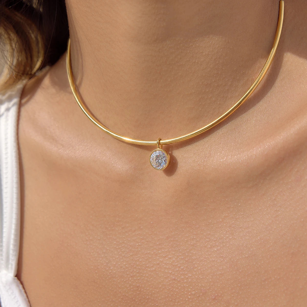 18K Gold Plated Rigid Choker Necklace with CZ Charm | Waterproof Minimalist Gold Tube Collar Necklace | Available in Round, Oval, Marquise & Pear Cut