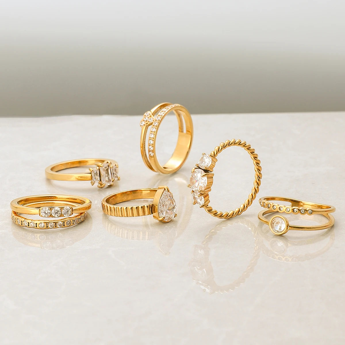 18K Gold Plated Crystal Ring Set of 6 | Waterproof Stackable Ring Stack | CZ Diamond Style Gold Ring Collection