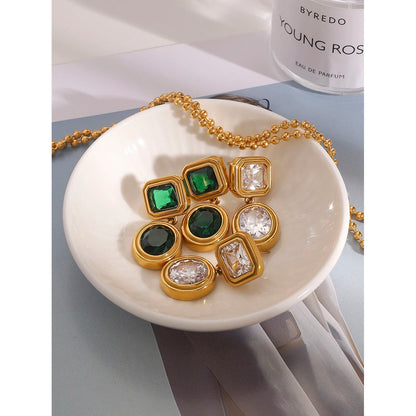 18K Gold Plated Geometric Drop Earrings for Women – Waterproof Tarnish Free Stainless Steel (Green or Clear Stone)