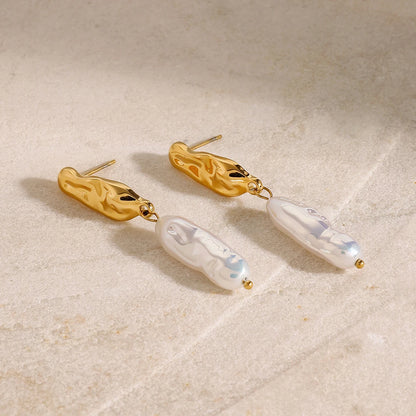 18K Gold Plated Hammered Pearl Drop Earrings for Women – Waterproof Tarnish Free Statement Jewellery