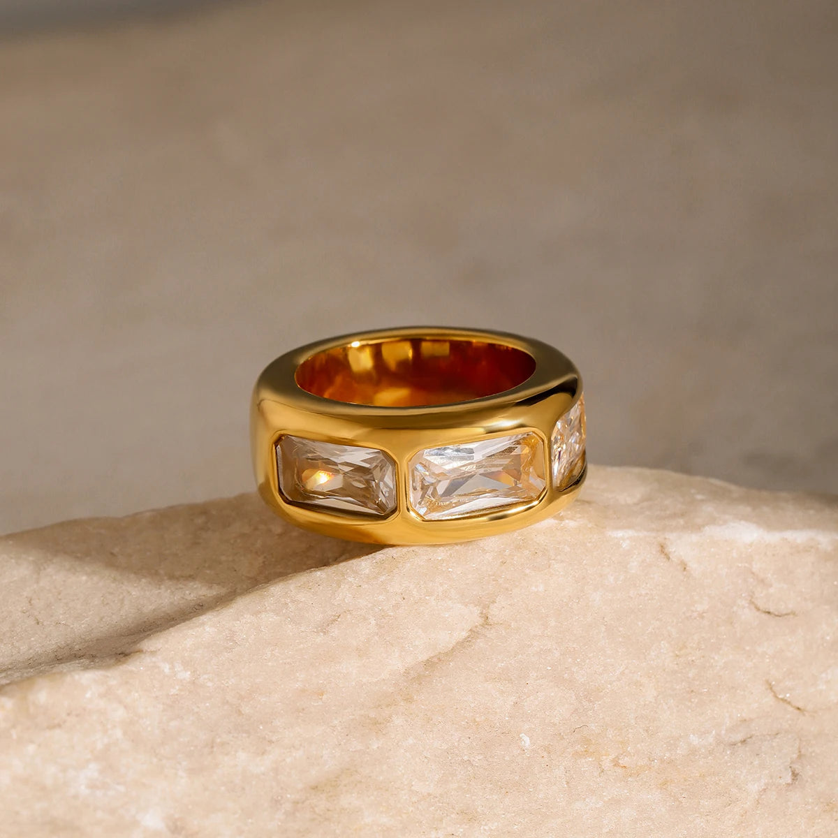 18K Gold Plated Chunky Gemstone Ring – Waterproof, Tarnish-Free Statement Jewellery