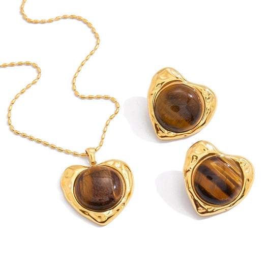 18K Verguld Tijgeroog Steen Ketting & Oorbellen Set | Natuurlijke Edelsteen Sieraden