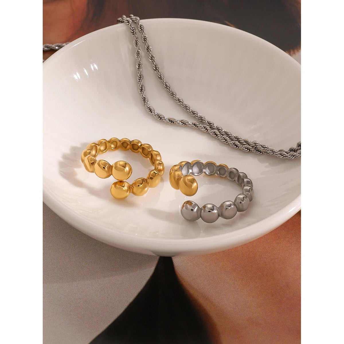 18K Vergulde Bubble Kraal Open Ring | Verstelbare Waterdichte Ball Chain Ring | Verkrijgbaar in Goud & Zilver