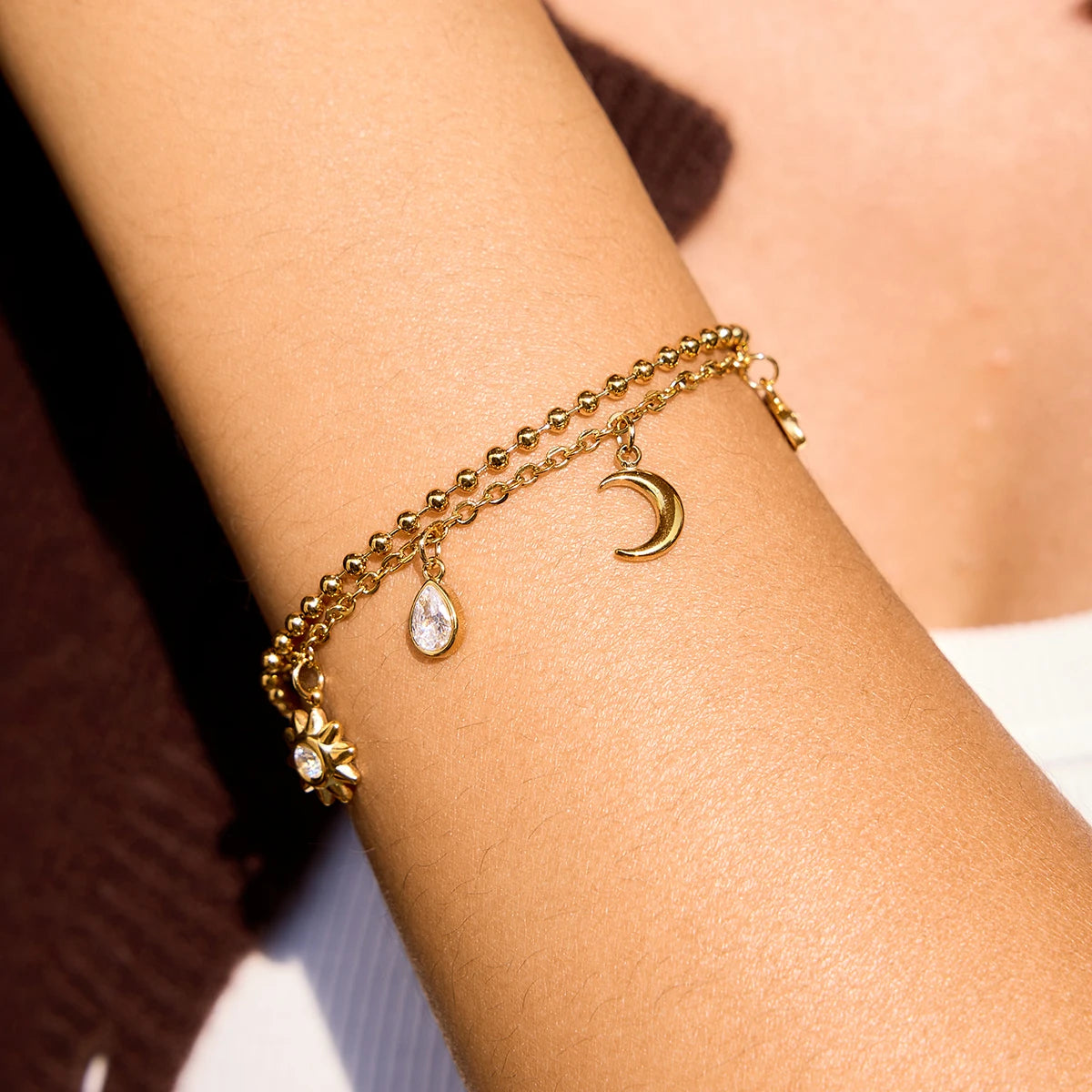 18K Gold Plated Celestial Charm Bracelet | Waterproof Double Layer Sun Moon Star & Evil Eye Bracelet | Boho Gold Charm Bracelet