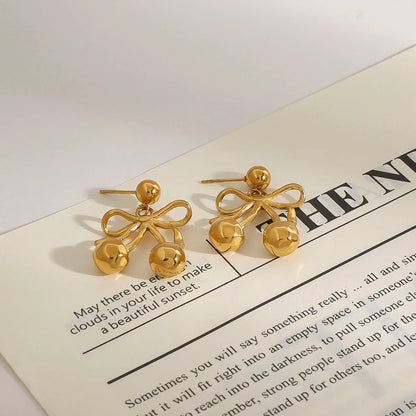 18K Gold Plated Bow Cherry Drop Earrings – Waterproof Tarnish-Free Statement Jewelry for Women