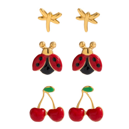 18K Gold Plated Cute Stud Earrings Set for Women – Waterproof Tarnish Free Stainless Steel Insect & Fruit Jewellery (3 Pairs)