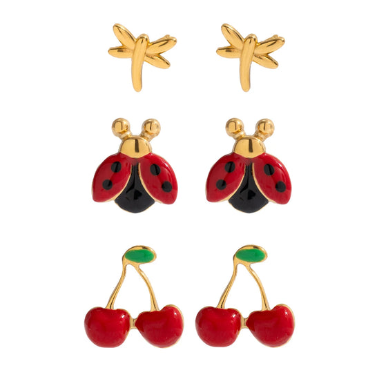 18K Gold Plated Cute Stud Earrings Set for Women – Waterproof Tarnish Free Stainless Steel Insect & Fruit Jewellery (3 Pairs)
