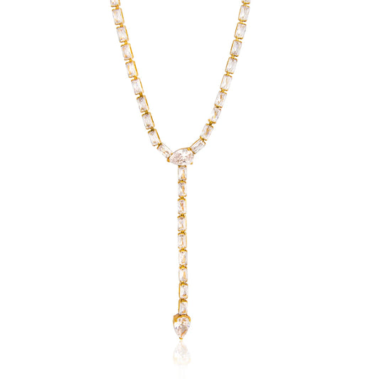 18K Vergulde Baguette Zirkonia Lariat Y-Ketting | Waterdichte Volledige Tennisketting Lariat Ketting | Diamanten Stijl Druppelketting