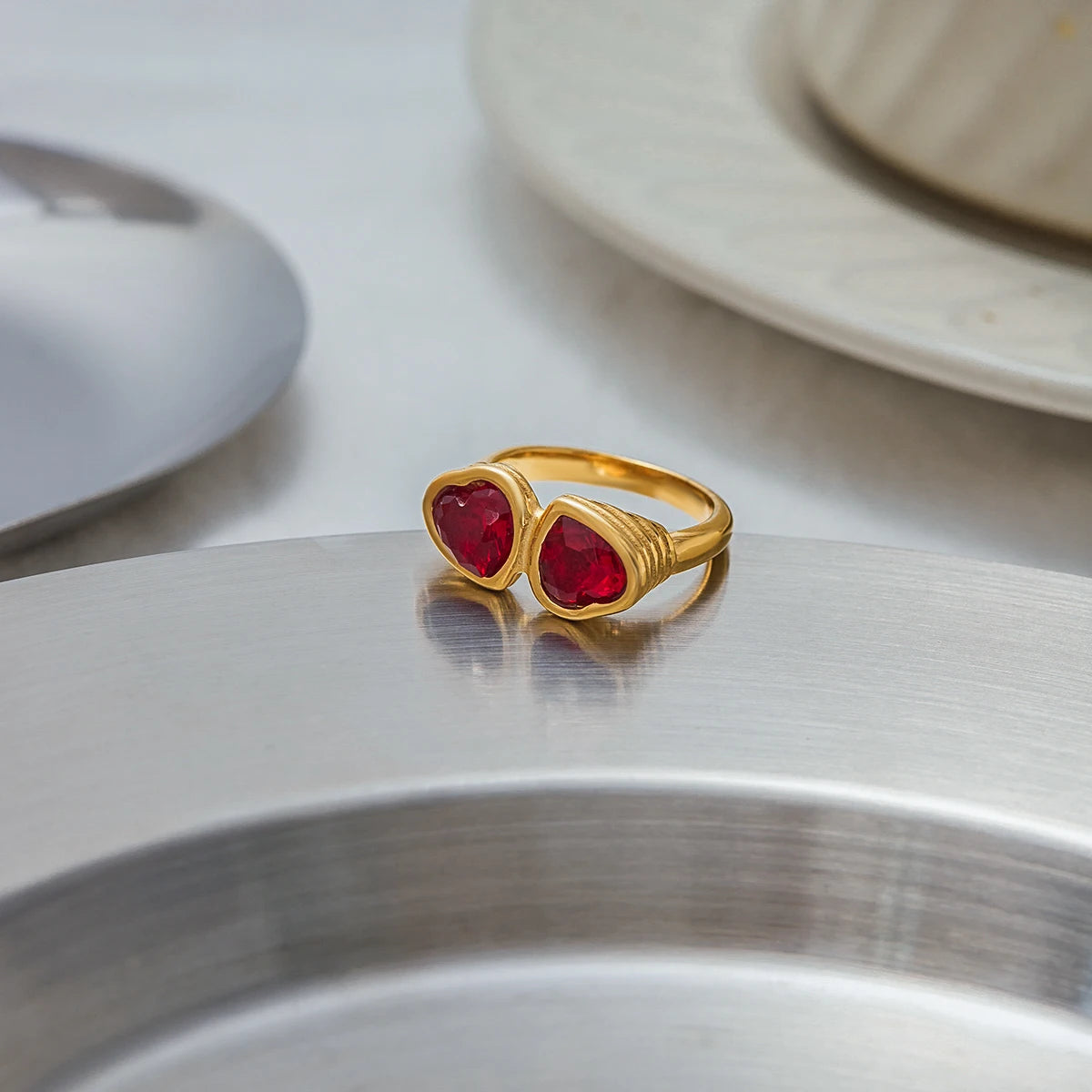 18K Gold Plated Double Red Heart Crystal Ring | Waterproof Toi et Moi Statement Ring | Bezel Set Heart Ring
