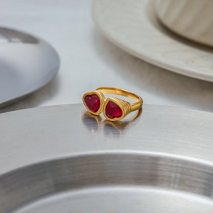 18K Gold Plated Double Red Heart Crystal Ring | Waterproof Toi et Moi Statement Ring | Bezel Set Heart Ring