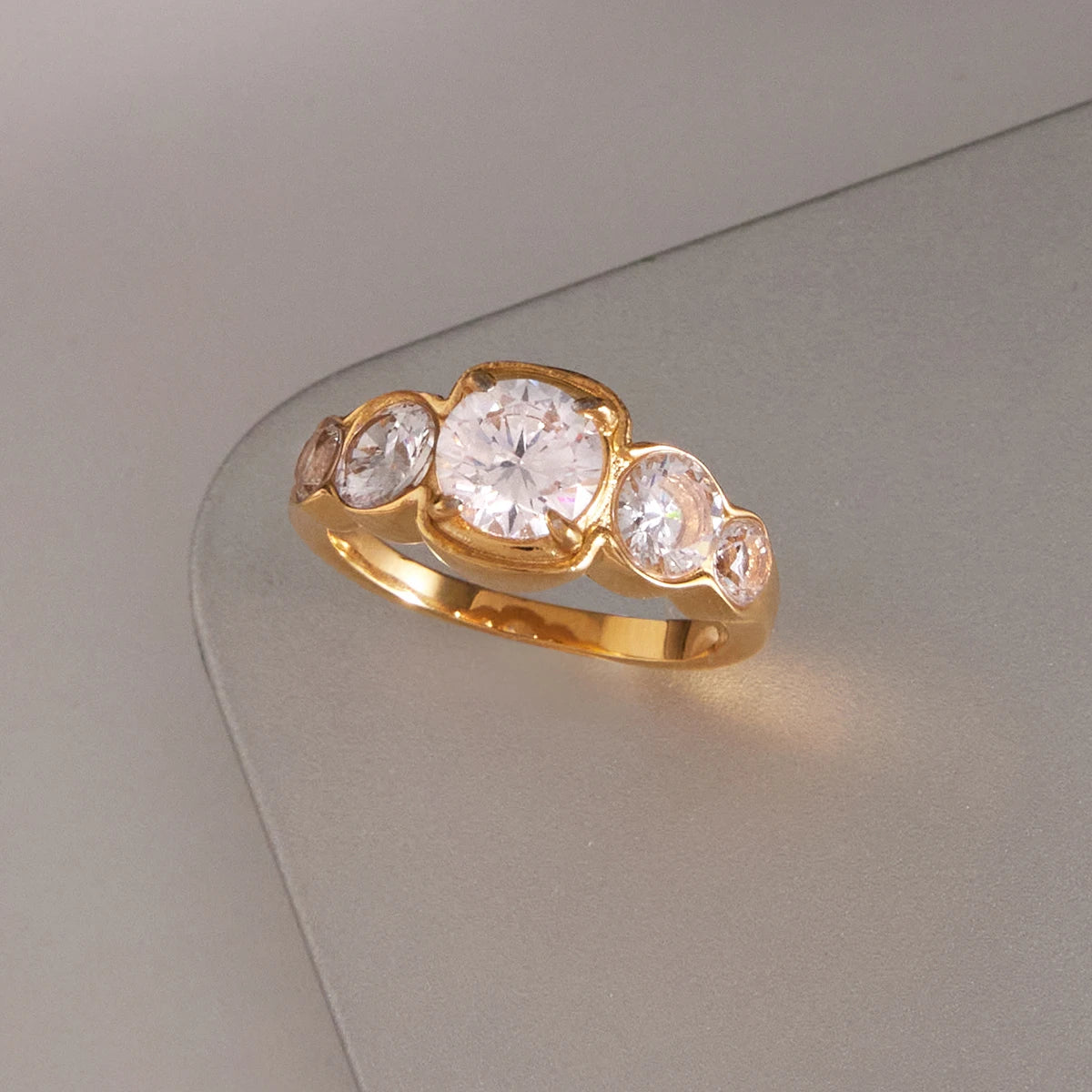 18K Gold Plated Five Stone CZ Bubble Ring | Waterproof Diamond Style Bezel Cluster Ring | Luxury Statement Ring